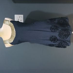 Nanette Lepore Navy silk dress with Gold Sequin Neckline  Size 6